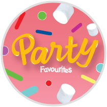 Party Favourites Donut Range heading with graphic confetti on a pink background