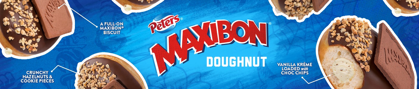Krispy Kreme Maxibon® Doughnut - find out where and how to try our latest limited edition epic doughnut! Krispy kreme maxibon doughnut logo with the maxibon doughnut on a blue background
