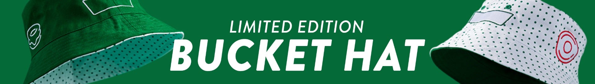 $12 Bucket Hat with any Purchase. Krispy Kreme Limited Edition Bucket Hat - Green Background with one Green Bucket Hat and one White Bucket Hat which demonstrates the reversible options of the one-size-fits-all single style product