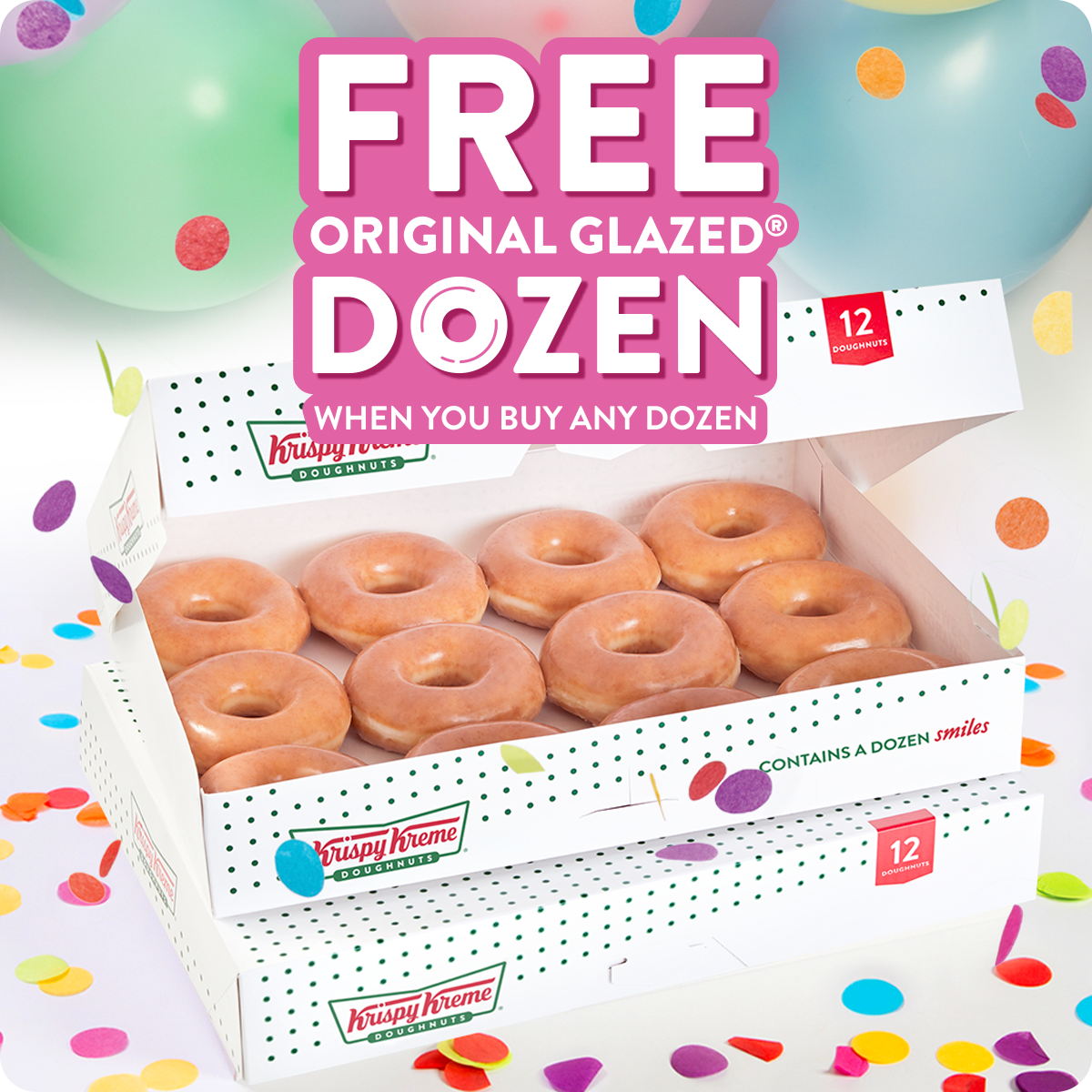 A pink banner with confetti and a heading that reads FREE Original Glazed Dozen when you buy a dozen. 