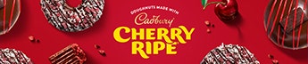 Krispy Kreme Cadbury Cherry Ripe Doughnut Range - pictured with glazed cherries and a cherry ripe bite.