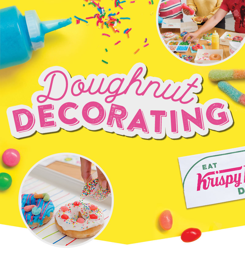 Doughnut decorating at selected Krispy Kreme stores - banner features yellow background, icing bottle, sprinkles and candy with inset images of doughnut decorating in action.