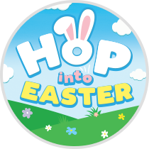 graphic of two green hills with flowers and a blue, cloud-filled sky background with a title that reads: Hop into Easter. 