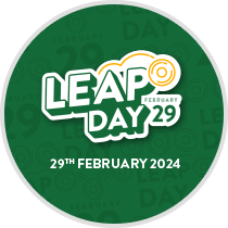 Green Circle image with text that reads: 'Leap Day February 29th' as part of the background as well as making up the key visual element of the image. 