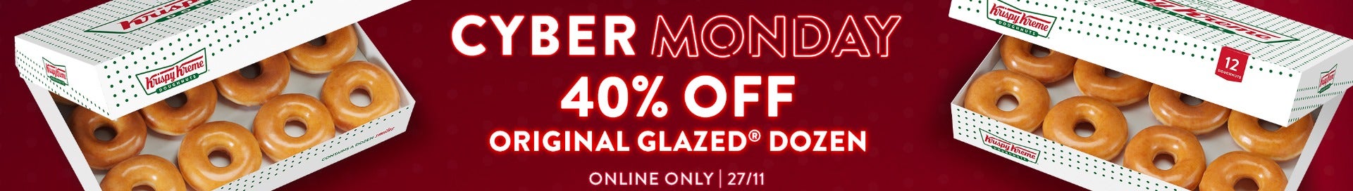 Cyber Monday Online Only Sale Banner in Neon - 40% off Original Glazed Doughnuts - Pictured in Dozen boxes on Black Background
