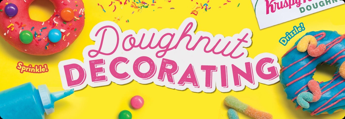 Krispy Kreme Doughnut Decorating in Selected Stores Krispy Kreme Doughnut Decorating - Yellow Background with 2 decorated doughnuts and decorating ingredients.
