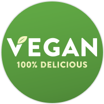 Green Circle Image with the word VEGAN in upper case letters and a leaf design on the V 