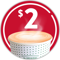 Coffee head with two dollar floating above in round red circle