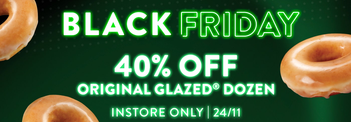 Black Friday In Store Only Sale Banner in Neon - 40% off Original Glazed Doughnuts - Pictured in Dozen boxes on Black Background