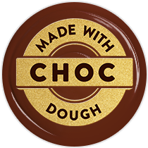 'made with choc dough' on a gold badge against a choc swirl background. 