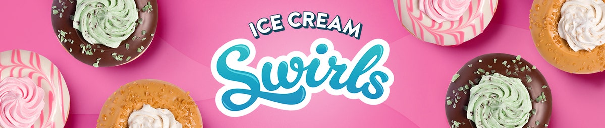 Krispy Kreme Limited Time Offer Ice Cream Swirls Doughnut Range Krispy Kreme Limited Edition Ice Cream Swirls Doughnut Range - purple background with the hokey pokey, raspberry ripple, and mint choc chip doughnuts in flat lay view surrounding the Ice Cream Swirls Logo