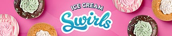 Krispy Kreme Limited Time Offer Ice Cream Swirls Doughnut Range Krispy Kreme Limited Edition Ice Cream Swirls Doughnut Range - purple background with the hokey pokey, raspberry ripple, and mint choc chip doughnuts in flat lay view surrounding the Ice Cream Swirls Logo