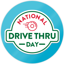 A blue circle image with a white badge containing the heading: National Drive Thru Day and an icon of a doughnut in motion.