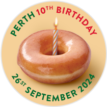 Circle image with a doughnut that has a single candle in the middle and a title reading 'Perth 10th Birthday - 26th September 2024'