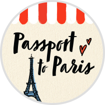 Passport to Paris heading with a french style awing graphic background and an Eiffel tower graphic with hearts