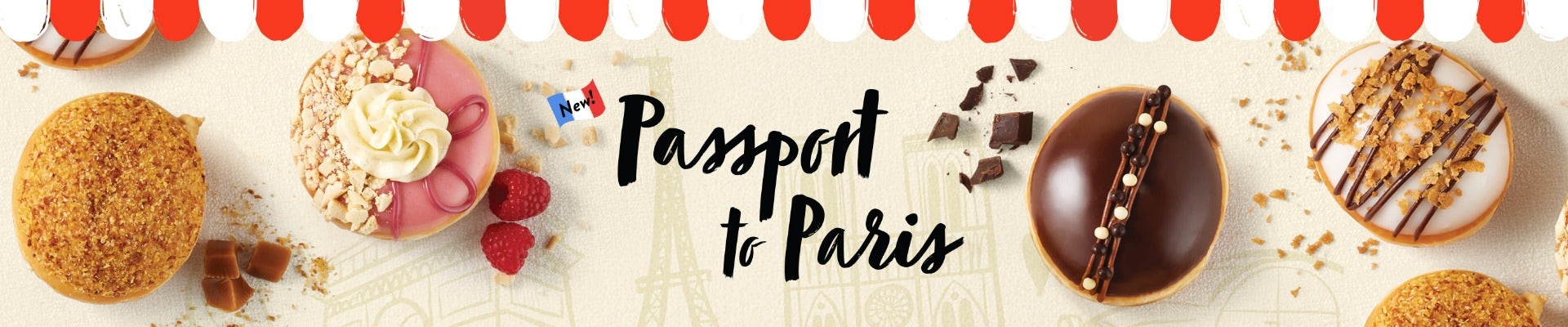 Krispy Kreme Passport to Paris Doughnuts - Available for a limited time! Heading 'Passport to Paris on a beige background with parisian lanmarks in stencil - the four french dessert inspired doughnuts from the passport to paris range are pictured beside the heading.