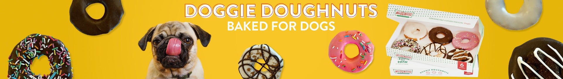 Krispy Kreme Doggie Doughnuts - Celebrate your Fur-Friend with Treats baked just for them! Pet Food Only Krispy kreme Doggie Doughnuts pictured with a Pug dog licking his lips surrounded by floating Doggie Doughnut Products