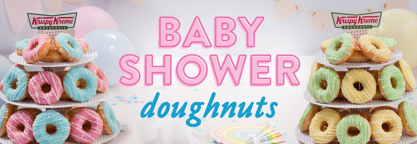 New Baby Shower Doughnut Range - Now available exclusively online! Baby Shower Party Packs showing the pink and blue baby shower doughnuts or the yellow and green baby shower donuts on the donut stand that is available on it's own or with the party pack. Decorations for a party add a pop of colour