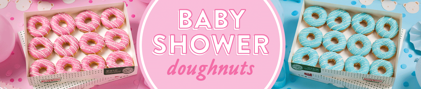 New Baby Shower Doughnut Range - Now available exclusively online! A GIF image that alternates between pink baby shower donuts and blue baby shower donuts in dozen boxes on one slide and then yellow baby shower donuts and green baby shower donuts on the other slide. There are colour themed decorations on both slides