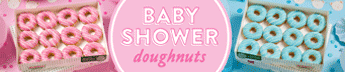 New Baby Shower Doughnut Range - Now available exclusively online! A GIF image that alternates between pink baby shower donuts and blue baby shower donuts in dozen boxes on one slide and then yellow baby shower donuts and green baby shower donuts on the other slide. There are colour themed decorations on both slides