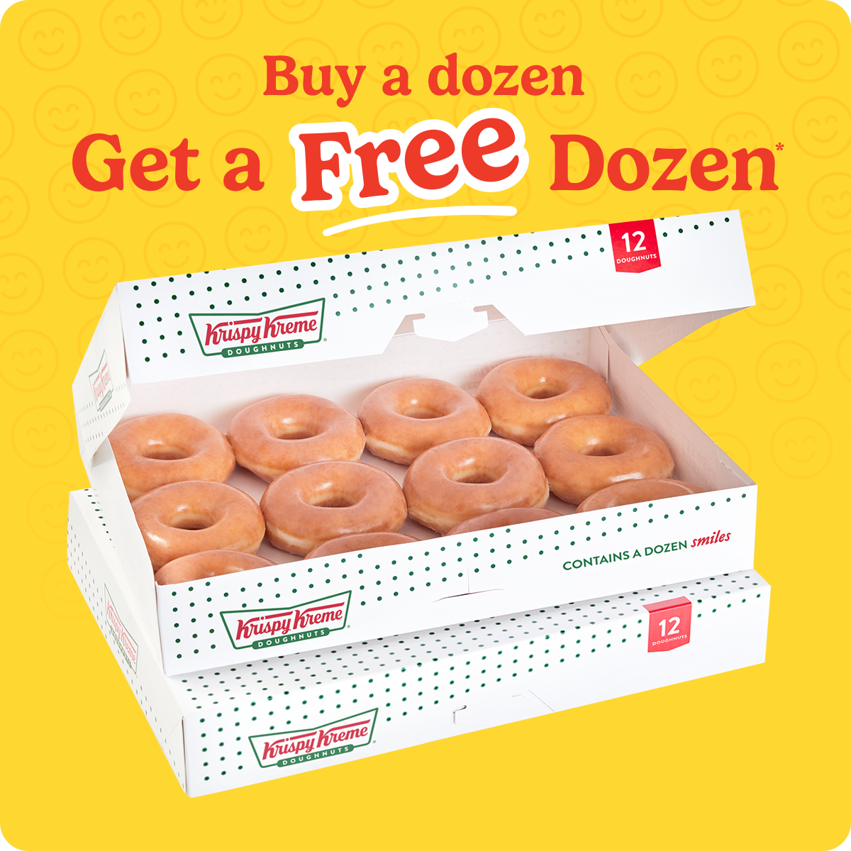 A yellow image banner with an open krispy kreme original glazed dozen box - heading reads 'Buy a Dozen, get a Free Dozen'