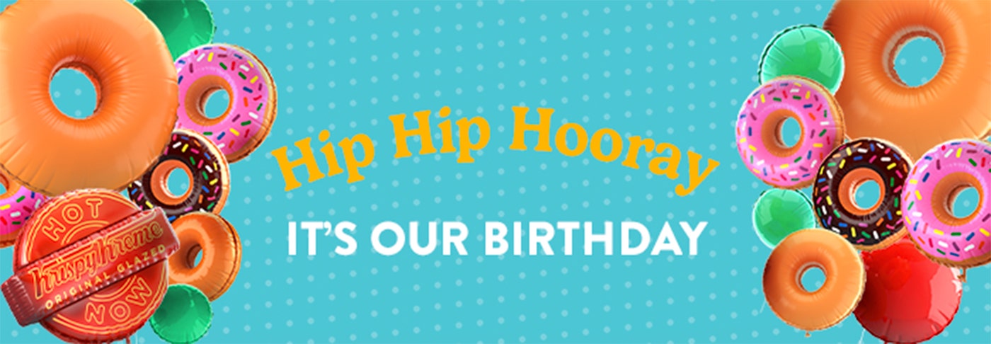 Krispy Kreme Birthday Celebrations - In Store 5th September 2024 HIP HIP HOORAY in text over Krispy Kreme Doughnut Balloons over a blue background with light blue polka dots