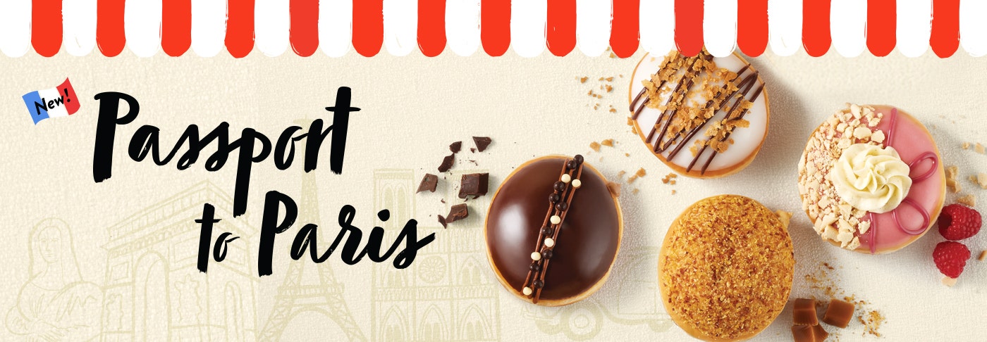 Krispy Kreme Passport to Paris Doughnuts - Available for a limited time! Heading 'Passport to Paris on a beige background with parisian lanmarks in stencil - the four french dessert inspired doughnuts from the passport to paris range are pictured beside the heading.