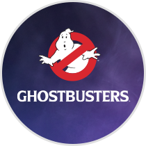 Ghostbusters logo and heading on a blue-black background. 